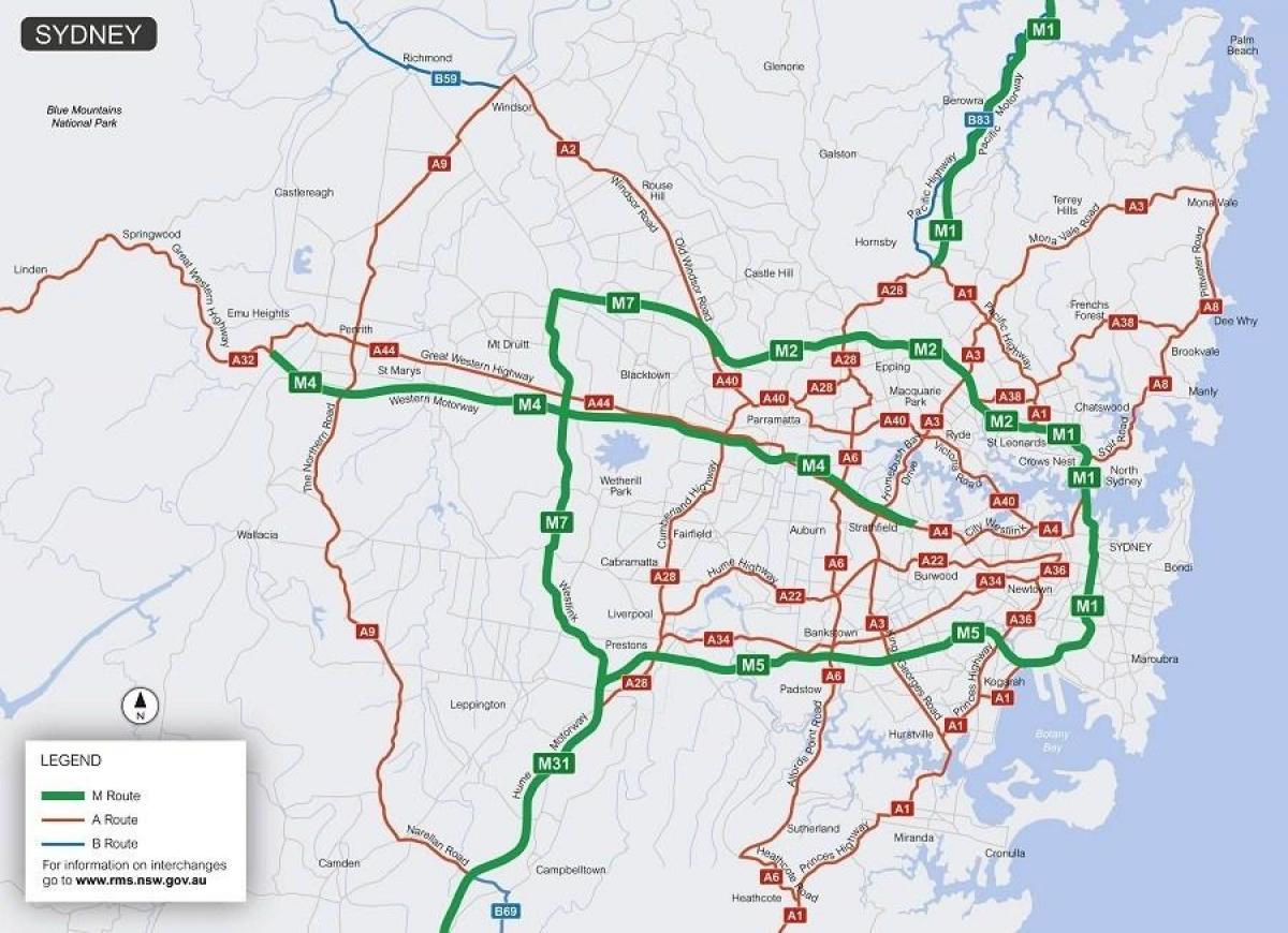 mapa de sydney estradas com portagem
