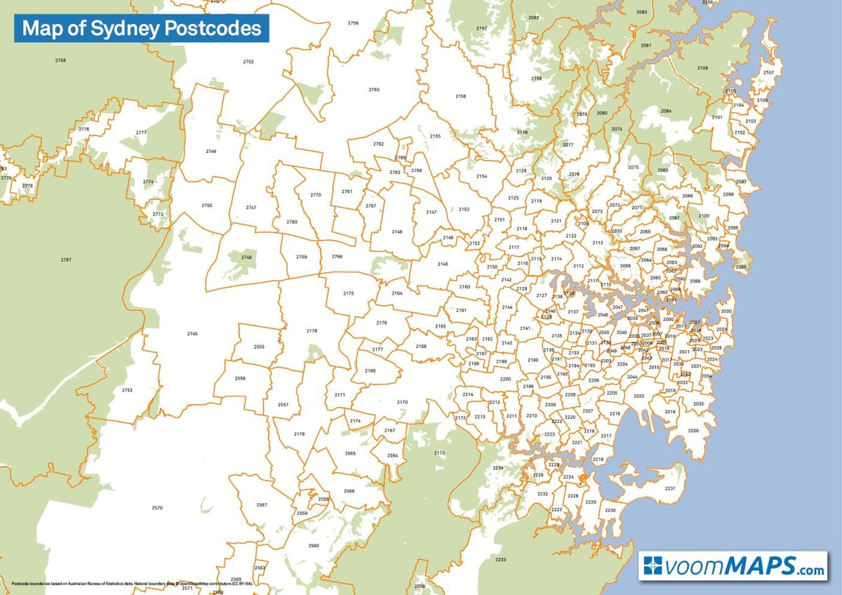 mapa de sydney códigos postais