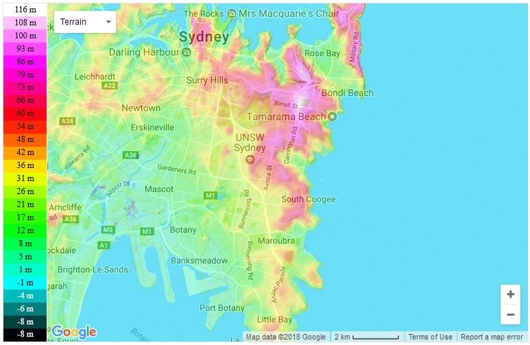 mapa topográfico de sydney
